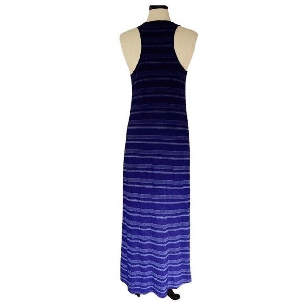 Splendid Racerback Maxi Dress Sz L Hi Lo Hem Linen Blend Knit Lined Blue Stripe